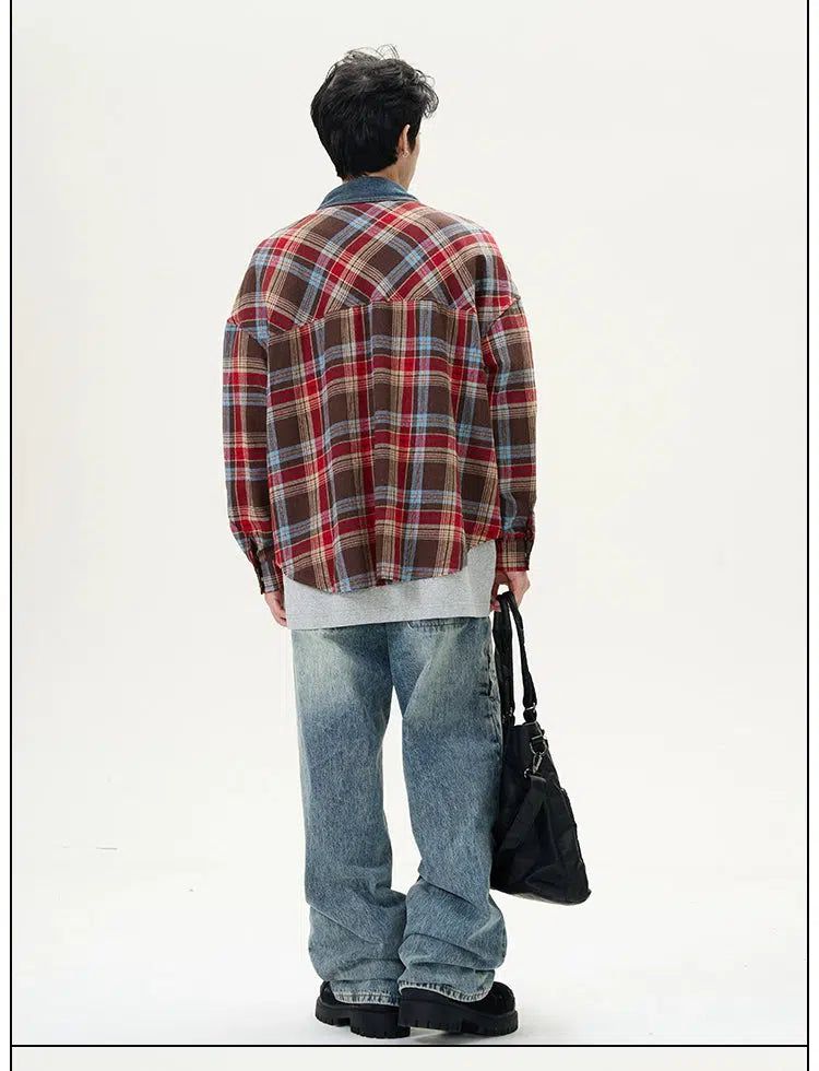 Plaid Denim Pocket & Collar Shirt Korean Street Fashion Shirt By 77Flight Shop Online at OH Vault