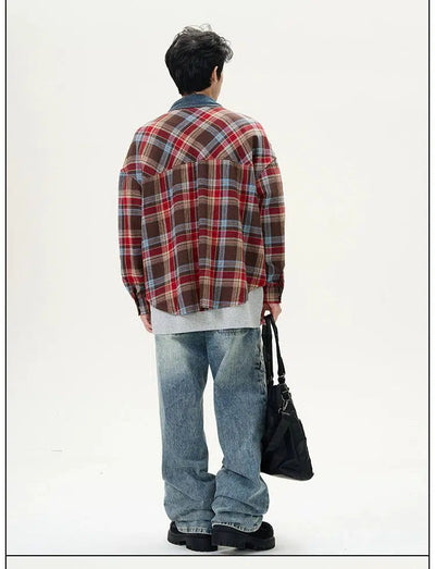 Plaid Denim Pocket & Collar Shirt Korean Street Fashion Shirt By 77Flight Shop Online at OH Vault