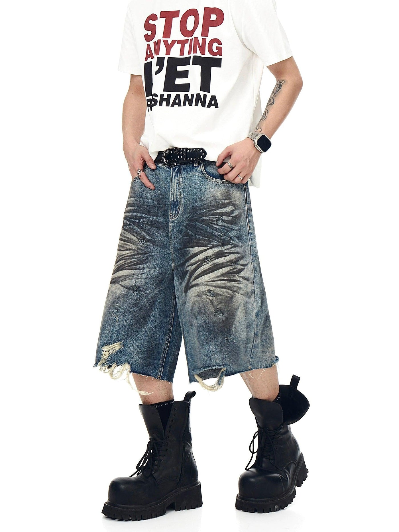 Ink Smudges Distressed Denim Shorts Korean Street Fashion Shorts By Blacklists Shop Online at OH Vault