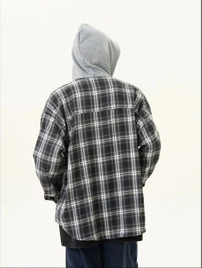 Drawcord Plaid Hooded Shirt Korean Street Fashion Shirt By 77Flight Shop Online at OH Vault