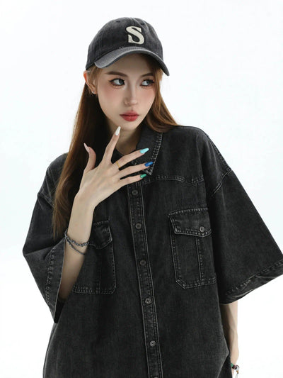 Loose Boxy Denim Shirt Korean Street Fashion Shirt By INS Korea Shop Online at OH Vault