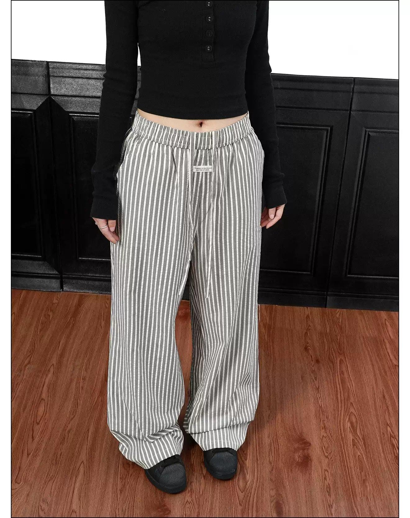 Casual Vertical Stripes Wide Pants Korean Street Fashion Pants By Mr Nearly Shop Online at OH Vault