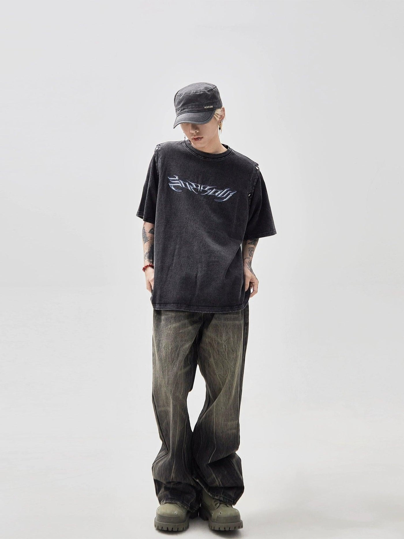 Washed Buttoned Sleeves T-Shirt Korean Street Fashion T-Shirt By Ash Dark Shop Online at OH Vault