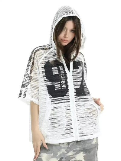 Hollow Mesh Zip Hooded T-Shirt Korean Street Fashion T-Shirt By INS Korea Shop Online at OH Vault