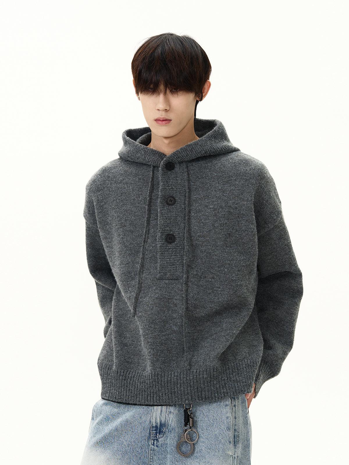 Half-Buttons Cozy Fit Knit Hoodie Korean Street Fashion Hoodie By A PUEE Shop Online at OH Vault