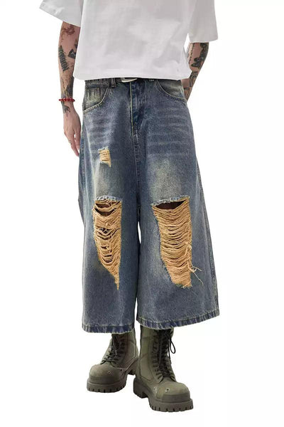 Distressed Mid-Length Denim Shorts Korean Street Fashion Shorts By Ash Dark Shop Online at OH Vault