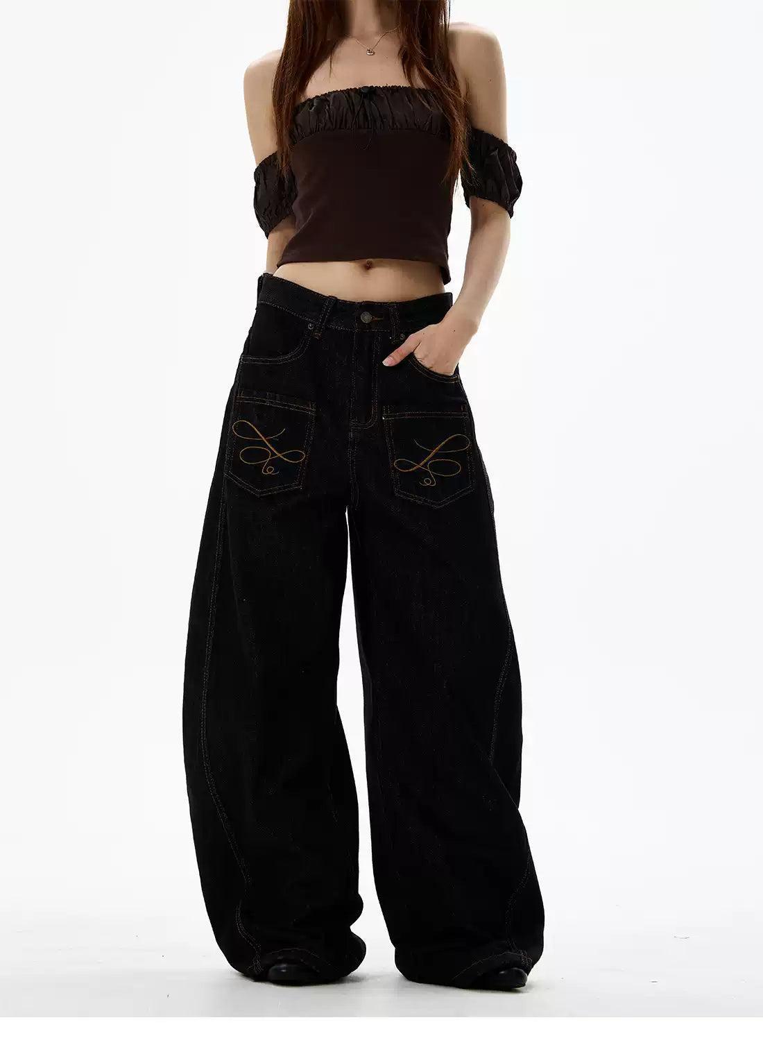 Embroidery Pocket Wide Jeans Korean Street Fashion Jeans By 77Flight Shop Online at OH Vault
