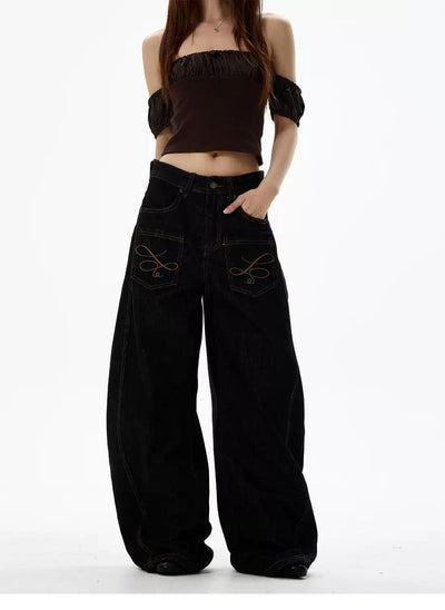 Embroidery Pocket Wide Jeans Korean Street Fashion Jeans By 77Flight Shop Online at OH Vault