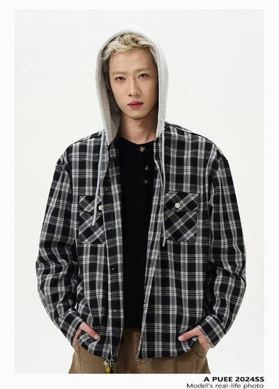 Drawstring Plaid Hooded Shirt Korean Street Fashion Shirt By A PUEE Shop Online at OH Vault