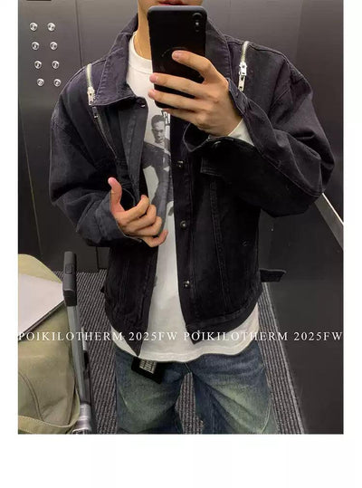 Zipper Detail Denim Jacket Korean Street Fashion Jacket By Poikilotherm Shop Online at OH Vault