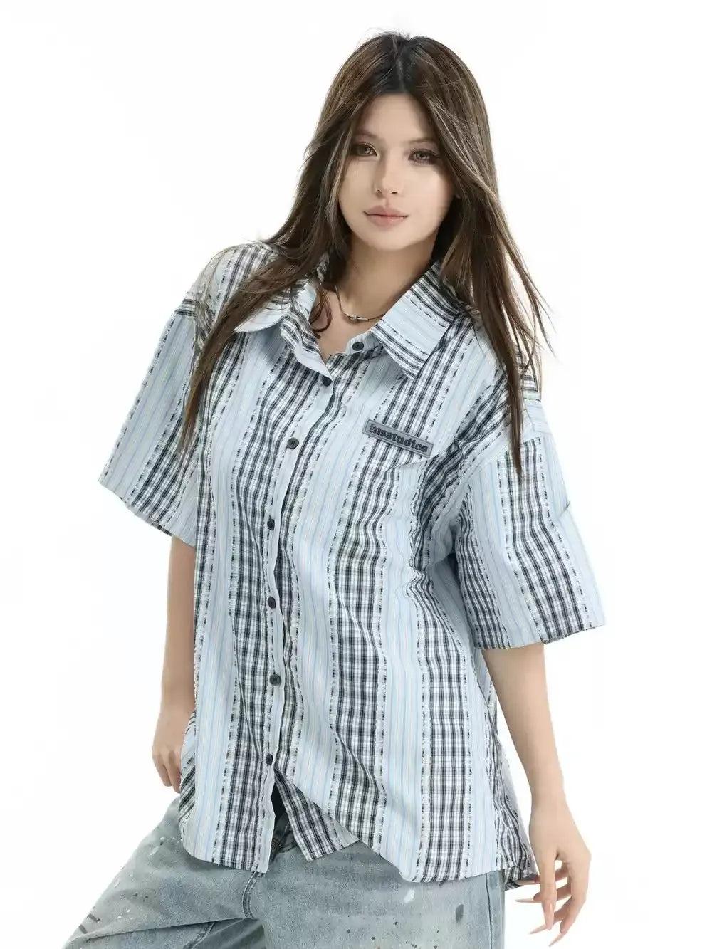 Contrast Plaid & Striped Shirt Korean Street Fashion Shirt By INS Korea Shop Online at OH Vault