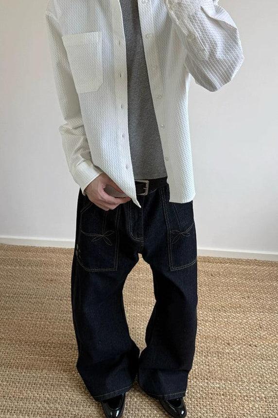 Contrast Outlined Pocket Wide Jeans Korean Street Fashion Jeans By A PUEE Shop Online at OH Vault