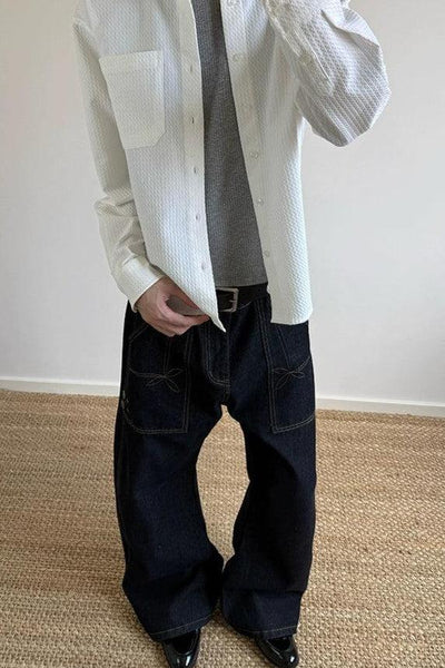 Contrast Outlined Pocket Wide Jeans Korean Street Fashion Jeans By A PUEE Shop Online at OH Vault