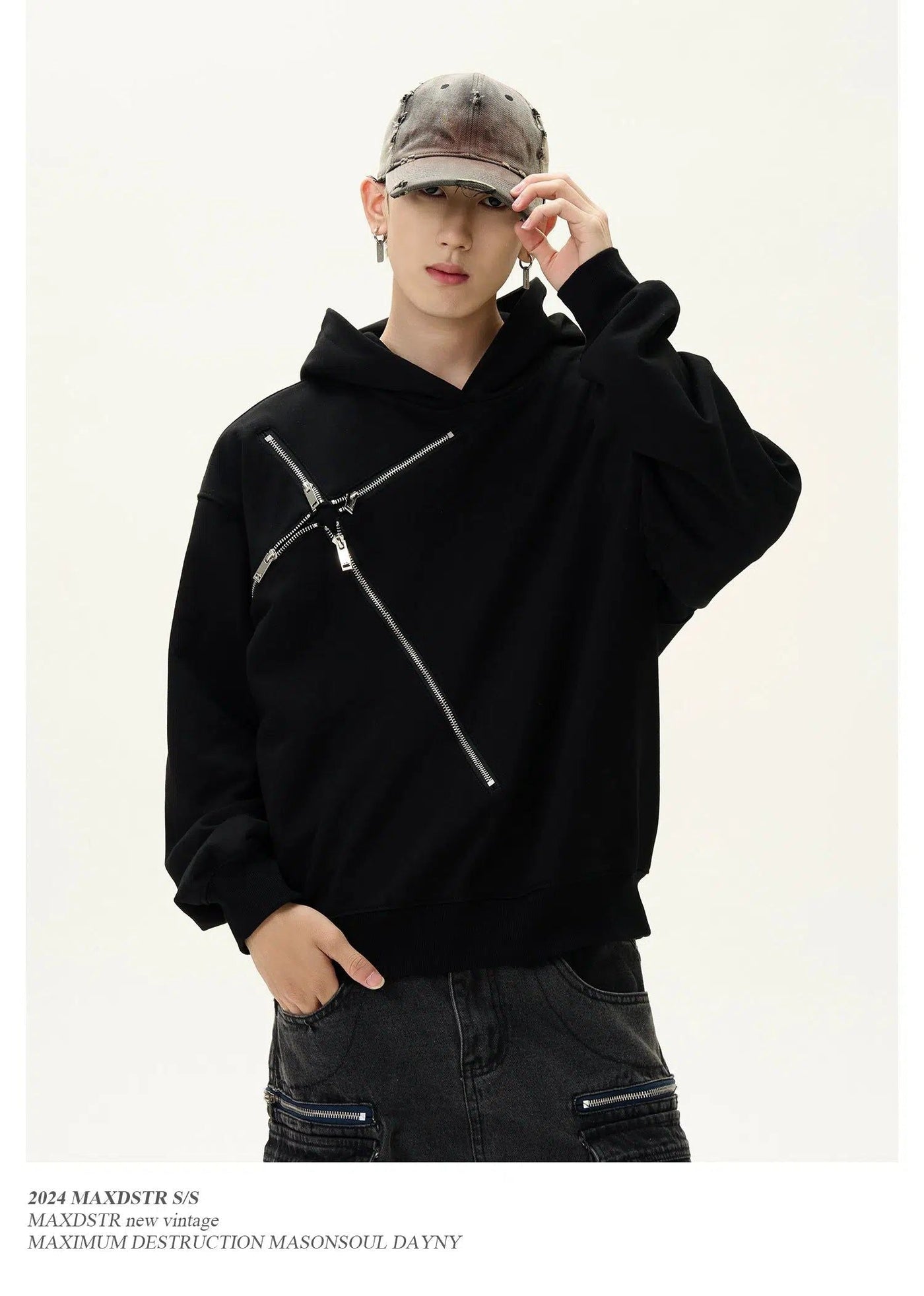 Cross Metal Zipped Boxy Hoodie Korean Street Fashion Hoodie By MaxDstr Shop Online at OH Vault