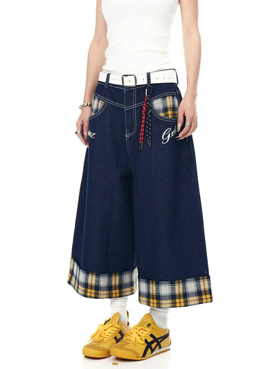 Plaid Spliced Wide Denim Shorts Korean Street Fashion Shorts By Blacklists Shop Online at OH Vault