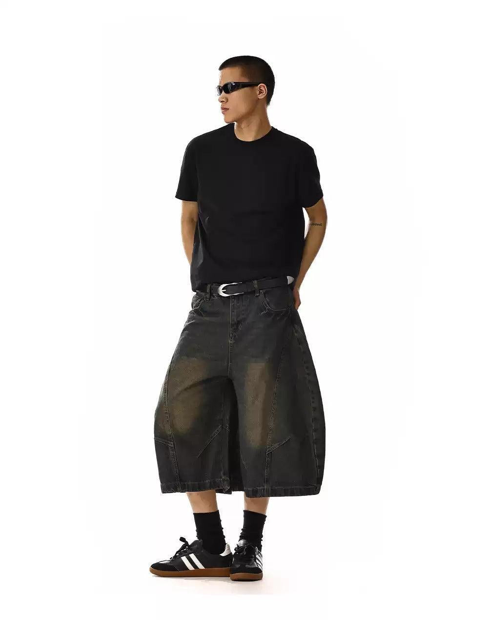 Subtle Faded Curved Cut Denim Shorts Korean Street Fashion Shorts By MEBXX Shop Online at OH Vault