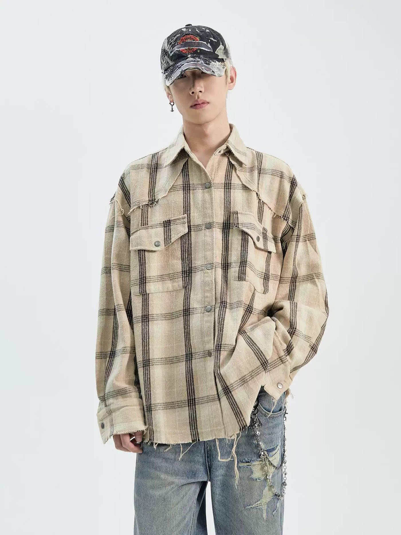 Flap Pocket Fringed Plaid Shirt Korean Street Fashion Shirt By Ash Dark Shop Online at OH Vault