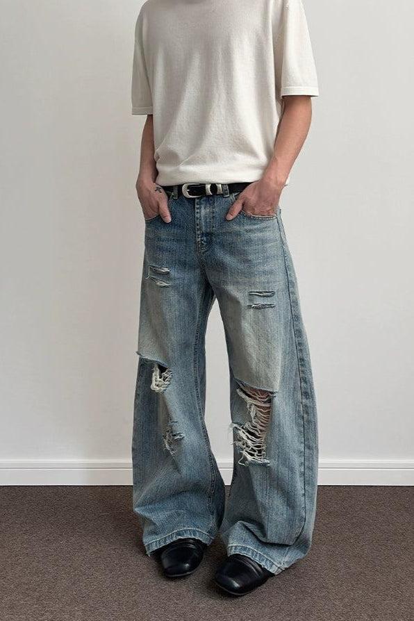 Ripped Lines Relaxed Jeans Korean Street Fashion Jeans By A PUEE Shop Online at OH Vault