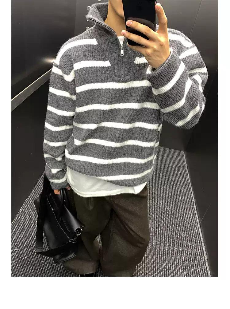 Two-Tone Striped Half-Zip Korean Street Fashion Half-Zip By Poikilotherm Shop Online at OH Vault