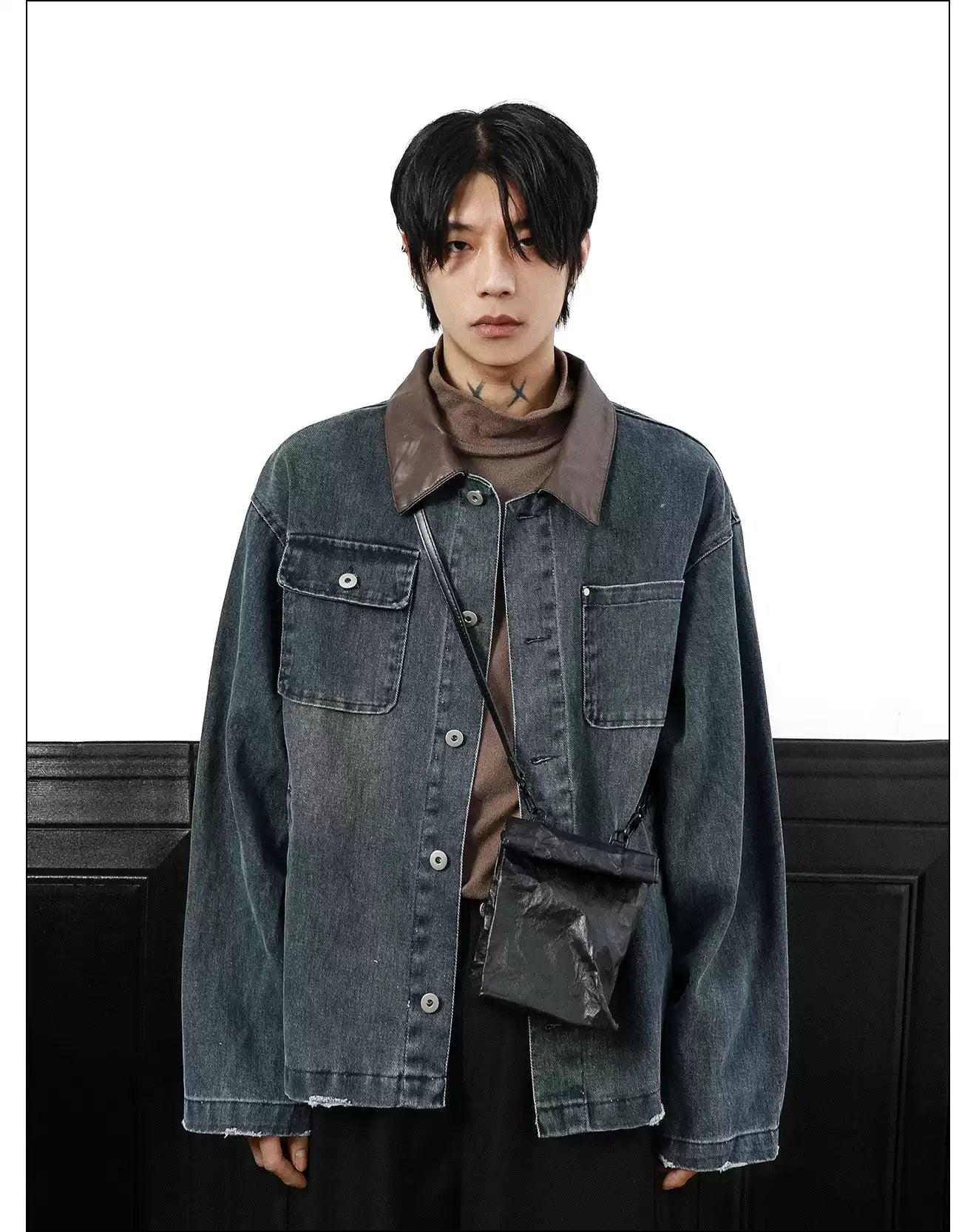 PU Leather Collar Ripped Denim Jacket Korean Street Fashion Jacket By Mr Nearly Shop Online at OH Vault