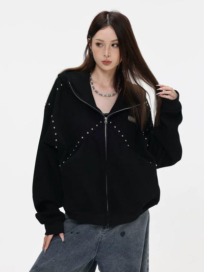 Rivet Embellished Zip-Up Hoodie Korean Street Fashion Hoodie By INS Korea Shop Online at OH Vault