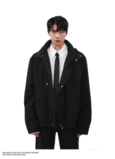 Vertical Stripes Zip & Buttons Hooded Jacket Korean Street Fashion Jacket By Mr Nearly Shop Online at OH Vault