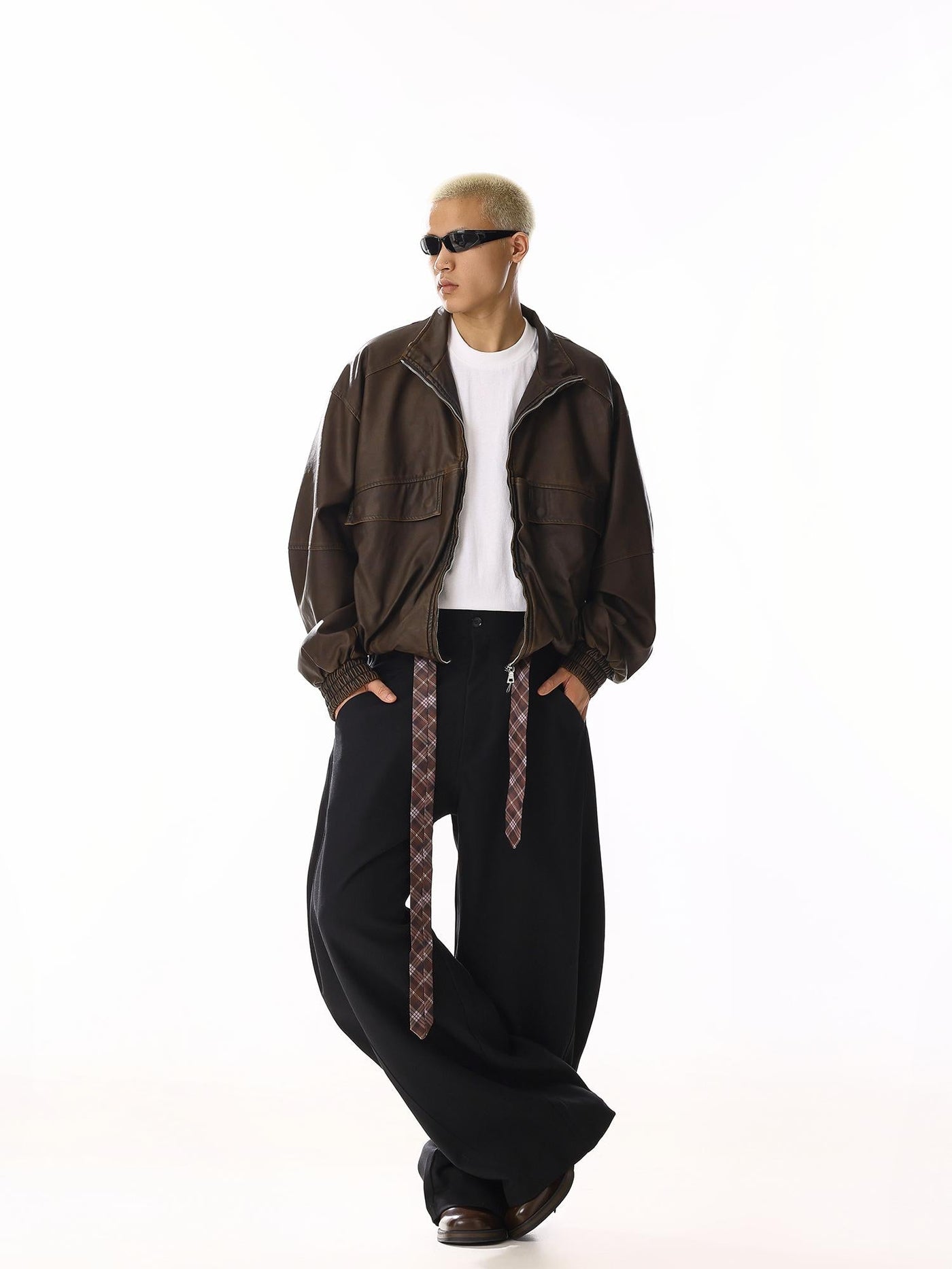 Plaid Belt Strap Wide Pants Korean Street Fashion Pants By MEBXX Shop Online at OH Vault