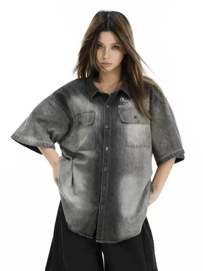 Faded Front Pocket Denim Shirt Korean Street Fashion Shirt By INS Korea Shop Online at OH Vault