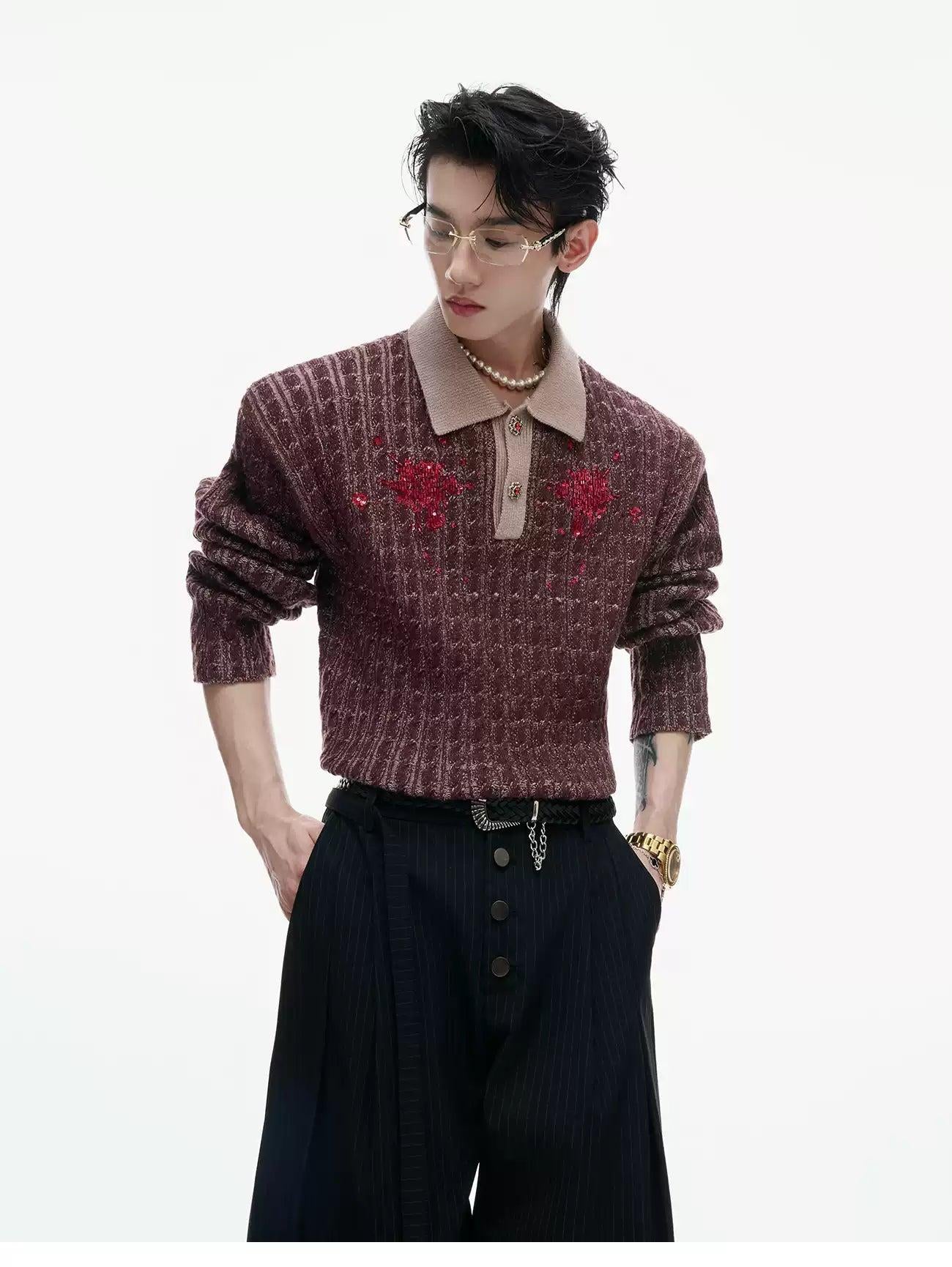 Contrast Cable Knit Polo Neck Sweater Korean Street Fashion Sweater By Argue Culture Shop Online at OH Vault