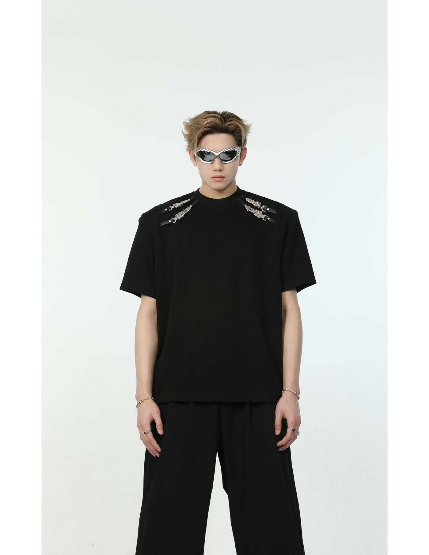 Metal Straps Shoulder T-Shirt Korean Street Fashion T-Shirt By Turn Tide Shop Online at OH Vault