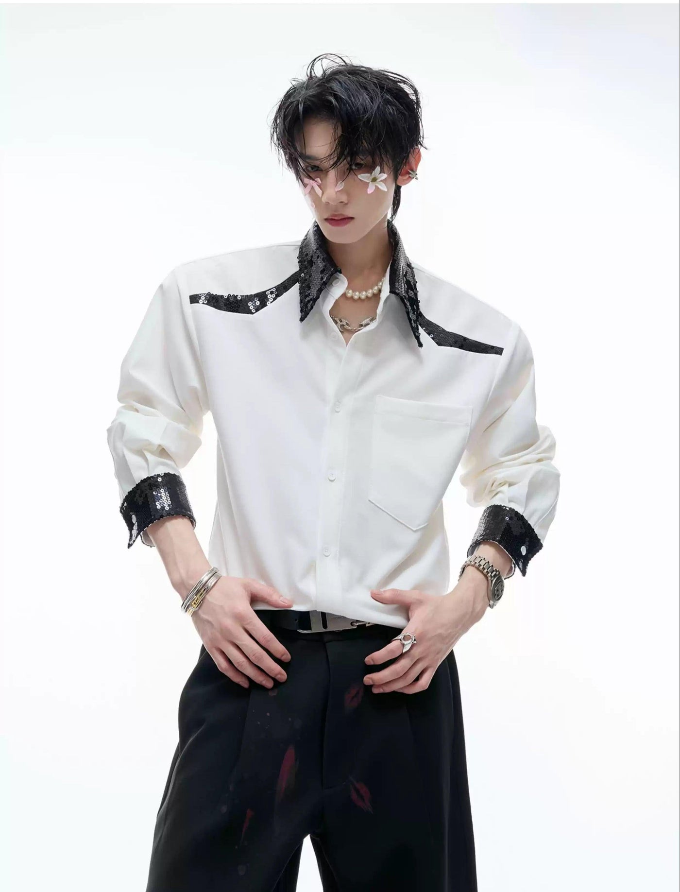 Sequin Stitched Contrast Shirt Korean Street Fashion Shirt By Argue Culture Shop Online at OH Vault