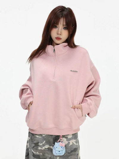 Metallic Logo Stand Collar Half-Zip Korean Street Fashion Half-Zip By INS Korea Shop Online at OH Vault