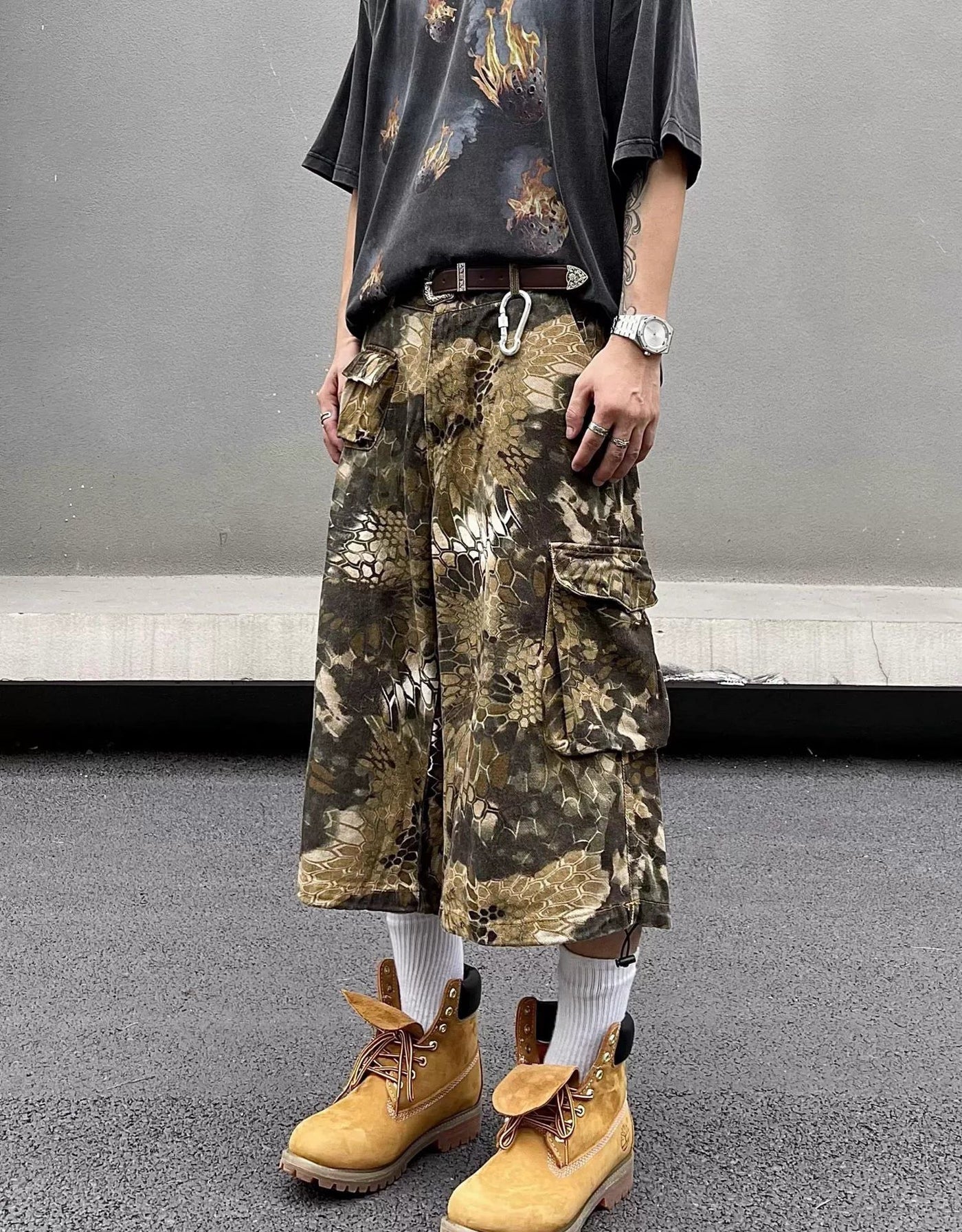 Multi-Pocket Snake Pattern Cargo Shorts Korean Street Fashion Shorts By Blacklists Shop Online at OH Vault