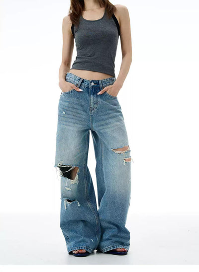 Ripped Lines Light Fade Jeans Korean Street Fashion Jeans By 77Flight Shop Online at OH Vault