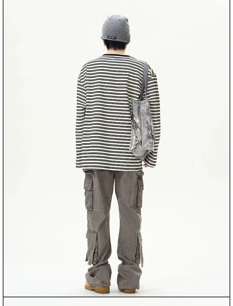 Striped Relaxed Fit Long Sleeve T-Shirt Korean Street Fashion T-Shirt By 77Flight Shop Online at OH Vault