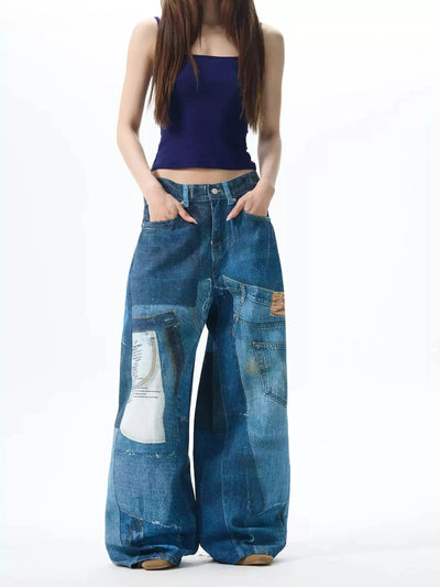 Digital Print Wide Leg Jeans Korean Street Fashion Jeans By 77Flight Shop Online at OH Vault