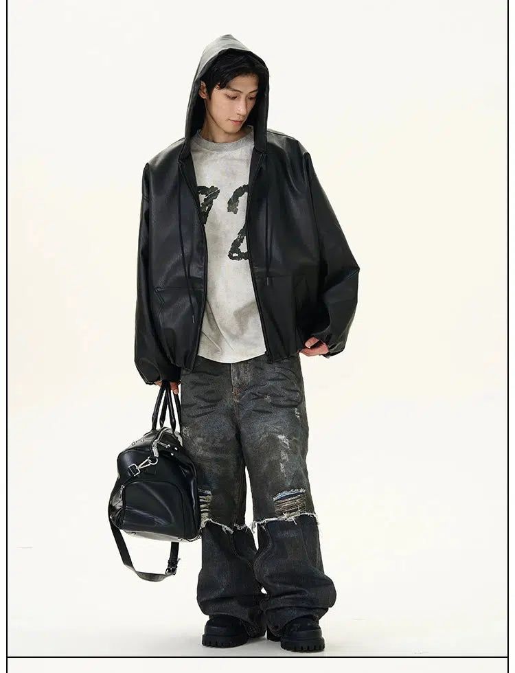 Drawstring Hooded PU Leather Jacket Korean Street Fashion Jacket By 77Flight Shop Online at OH Vault