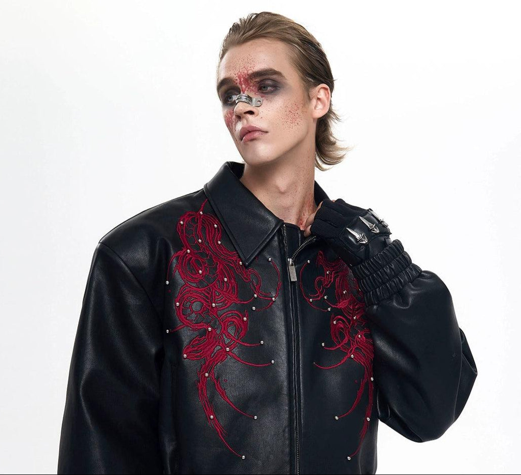 Snake Stitched PU Leather Jacket Korean Street Fashion Jacket By Slim Black Shop Online at OH Vault