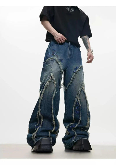 Sequin Embroidered Raw Seam Wide Jeans Korean Street Fashion Jeans By Argue Culture Shop Online at OH Vault
