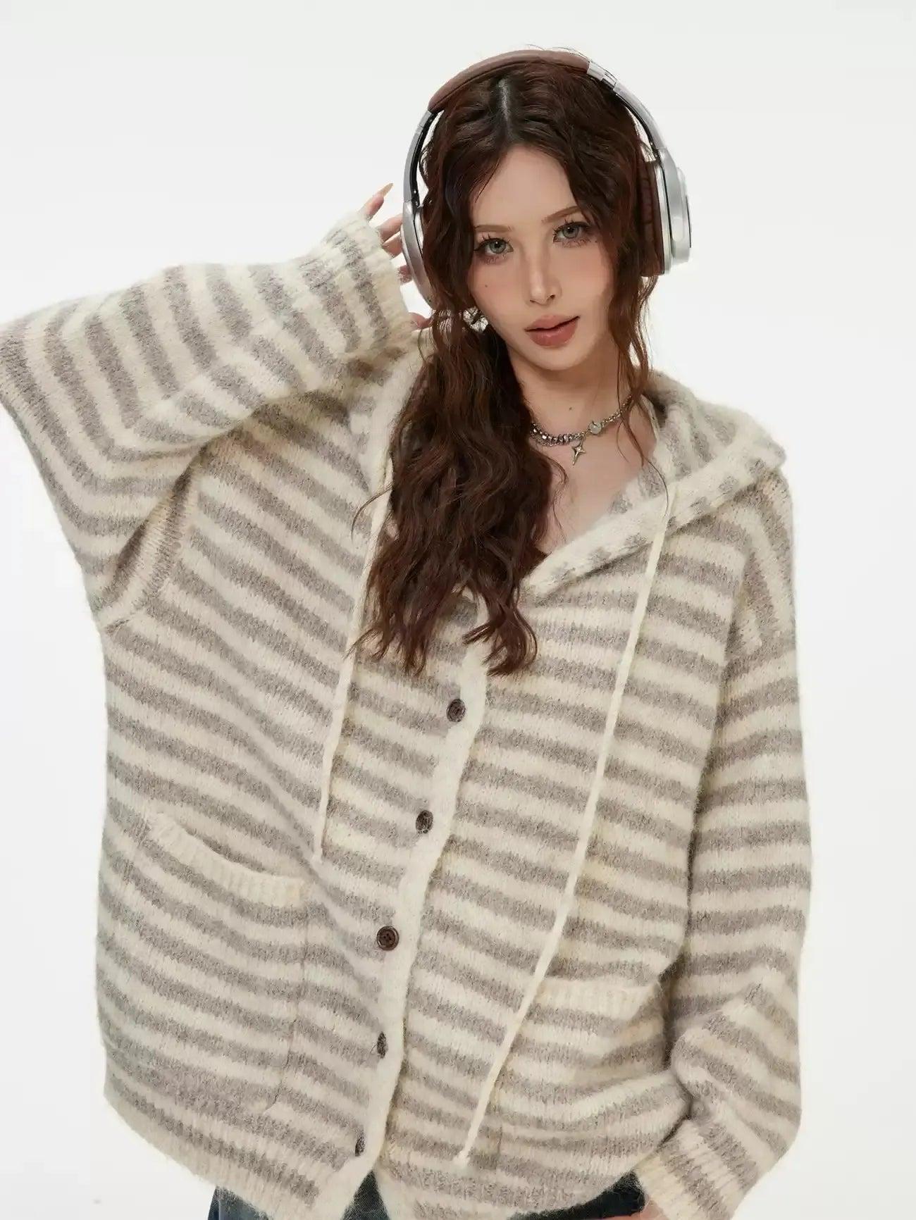 Striped Hooded Buttoned Sweater Korean Street Fashion Sweater By INS Korea Shop Online at OH Vault