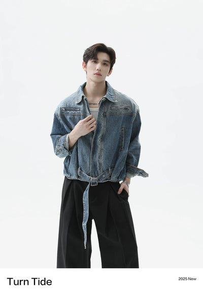 Faded Belt Strap Denim Jacket Korean Street Fashion Jacket By Turn Tide Shop Online at OH Vault