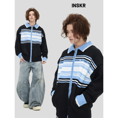 Striped Colors Zipped Sweater Korean Street Fashion Sweater By INS Korea Shop Online at OH Vault