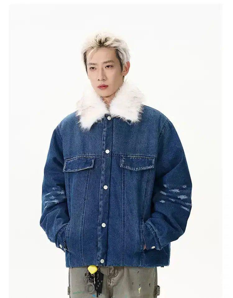 Distressed Fur Collar Denim Jacket Korean Street Fashion Jacket By A PUEE Shop Online at OH Vault