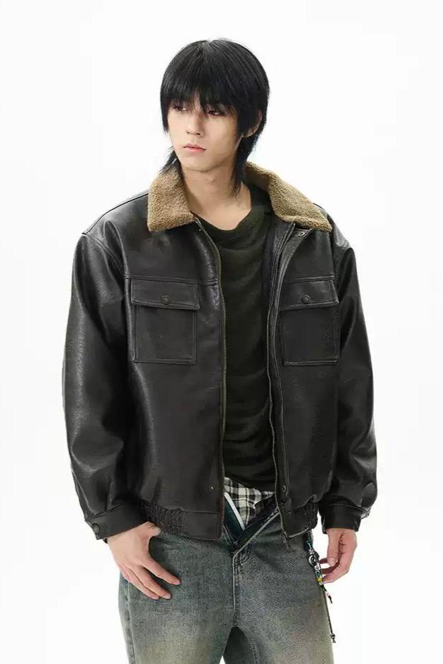 Buttoned Pockets PU Leather Jacket Korean Street Fashion Jacket By 77Flight Shop Online at OH Vault