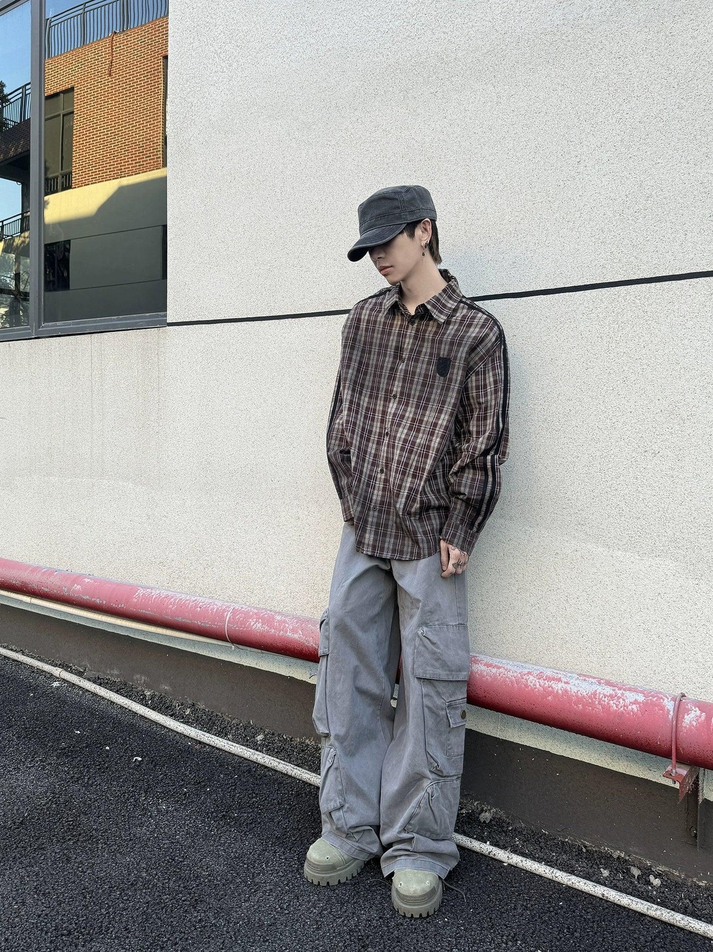 Number Patched Plaid Shirt Korean Street Fashion Shirt By Ash Dark Shop Online at OH Vault