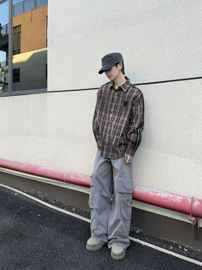 Number Patched Plaid Shirt Korean Street Fashion Shirt By Ash Dark Shop Online at OH Vault