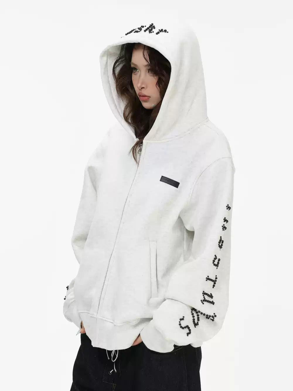 Pearled Logo Zip-Up Hoodie Korean Street Fashion Hoodie By INS Korea Shop Online at OH Vault