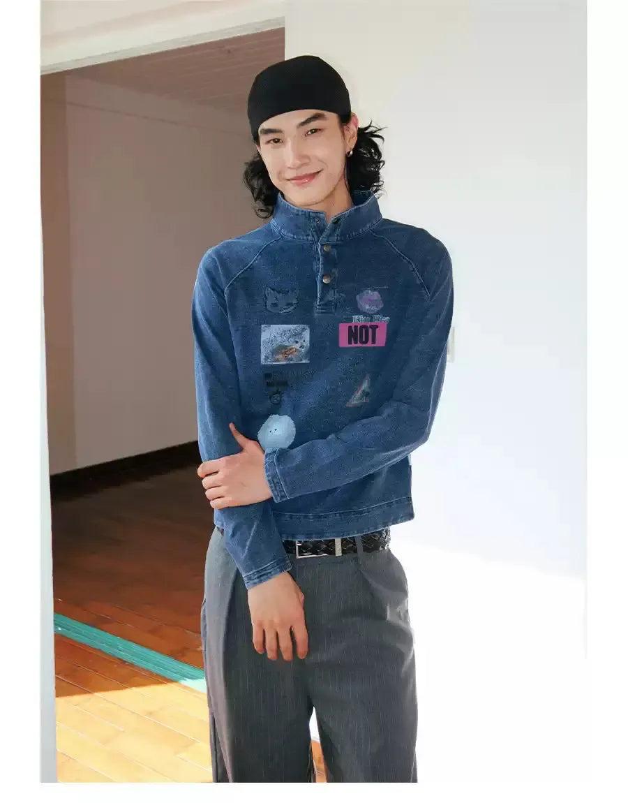 Boxy Fit Graphic Denim Half-Buttoned Shirt Korean Street Fashion Shirt By Funky Fun Shop Online at OH Vault