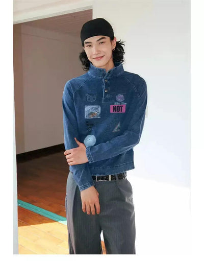 Boxy Fit Graphic Denim Half-Buttoned Shirt Korean Street Fashion Shirt By Funky Fun Shop Online at OH Vault