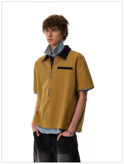 Contrast Collar Boxy Zipped Shirt Korean Street Fashion Shirt By Mr Nearly Shop Online at OH Vault